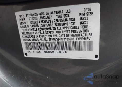 2007 Honda Odyssey Ex from USA, damaged, VIN 5FNRL38477B135690